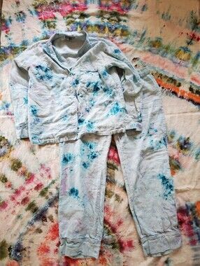 Annie Selke 100% Linen Ice Dyed Aqua Womens Pajama Set